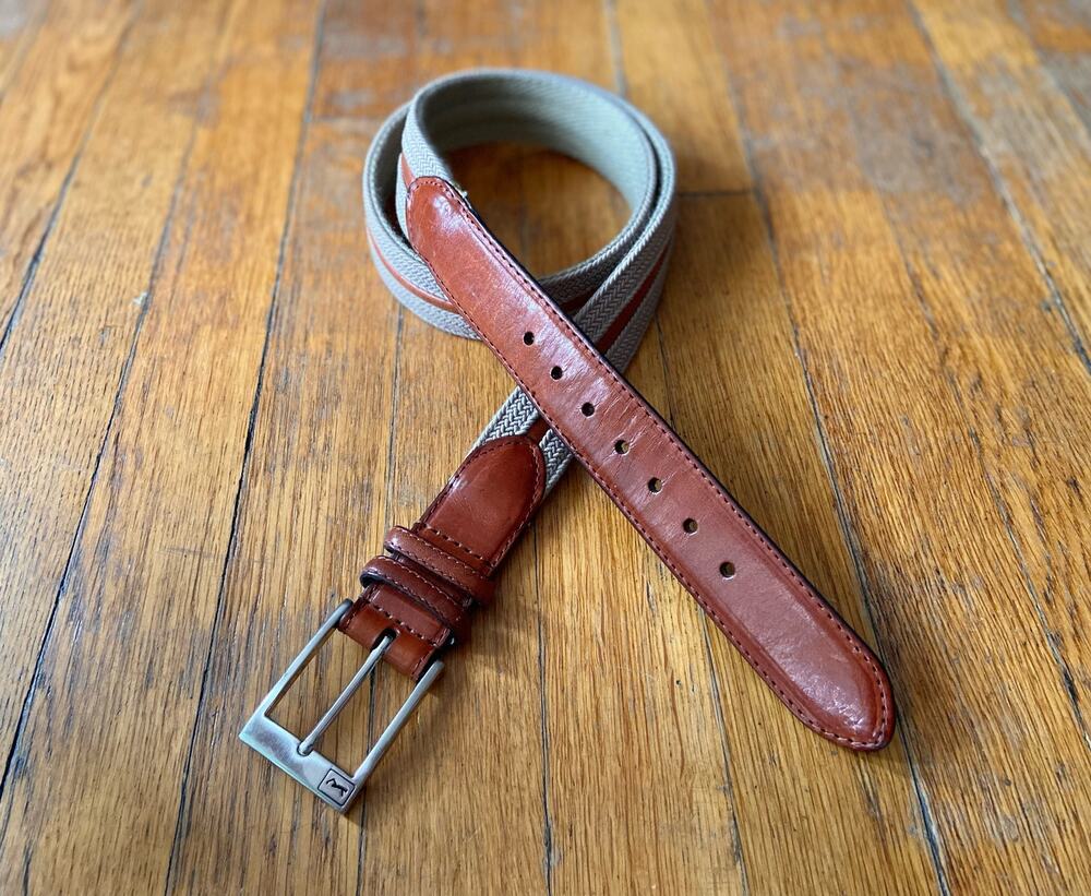 PGA TOUR Tan Woven Belt w/Brown Leather Trim Mens sz 42